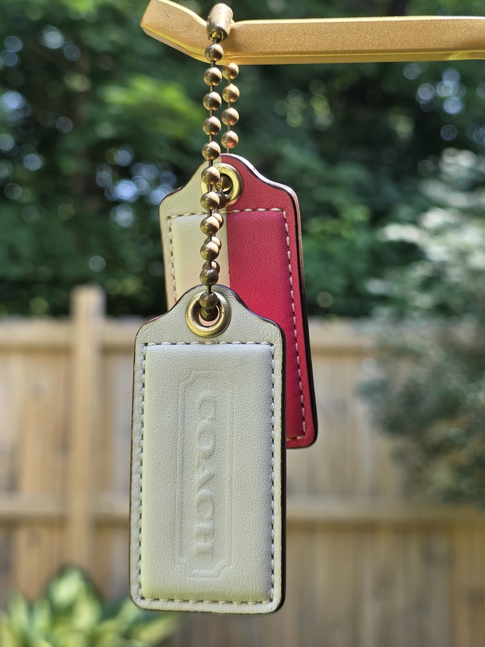 Coach Large Double Leather Hangtag In Cream & Cream& pink Stripe W/ Brass Chain
